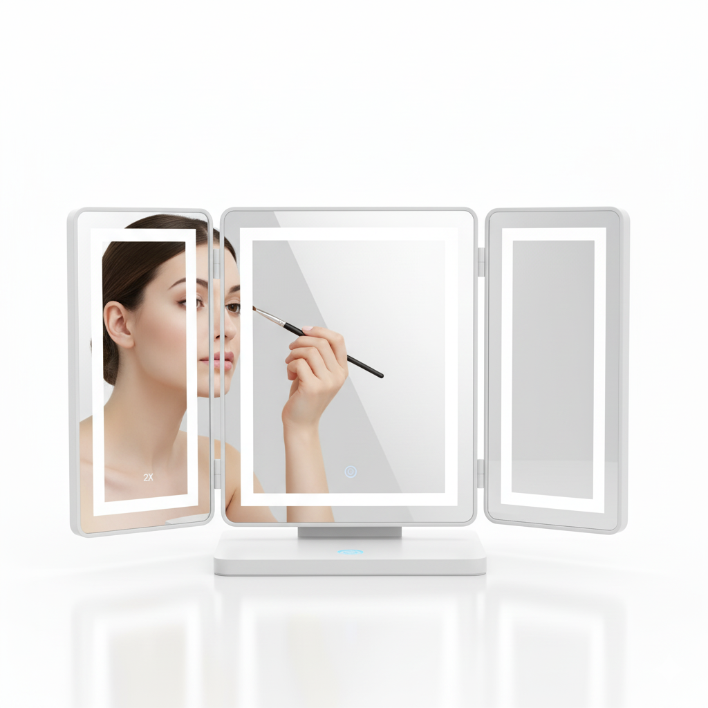 HUONUL Makeup Mirror Vanity Mirror with Lights, 2X, 3X, 10X Magnification, Touch Control, Trifold, White, 9.4" L x 13.4" W